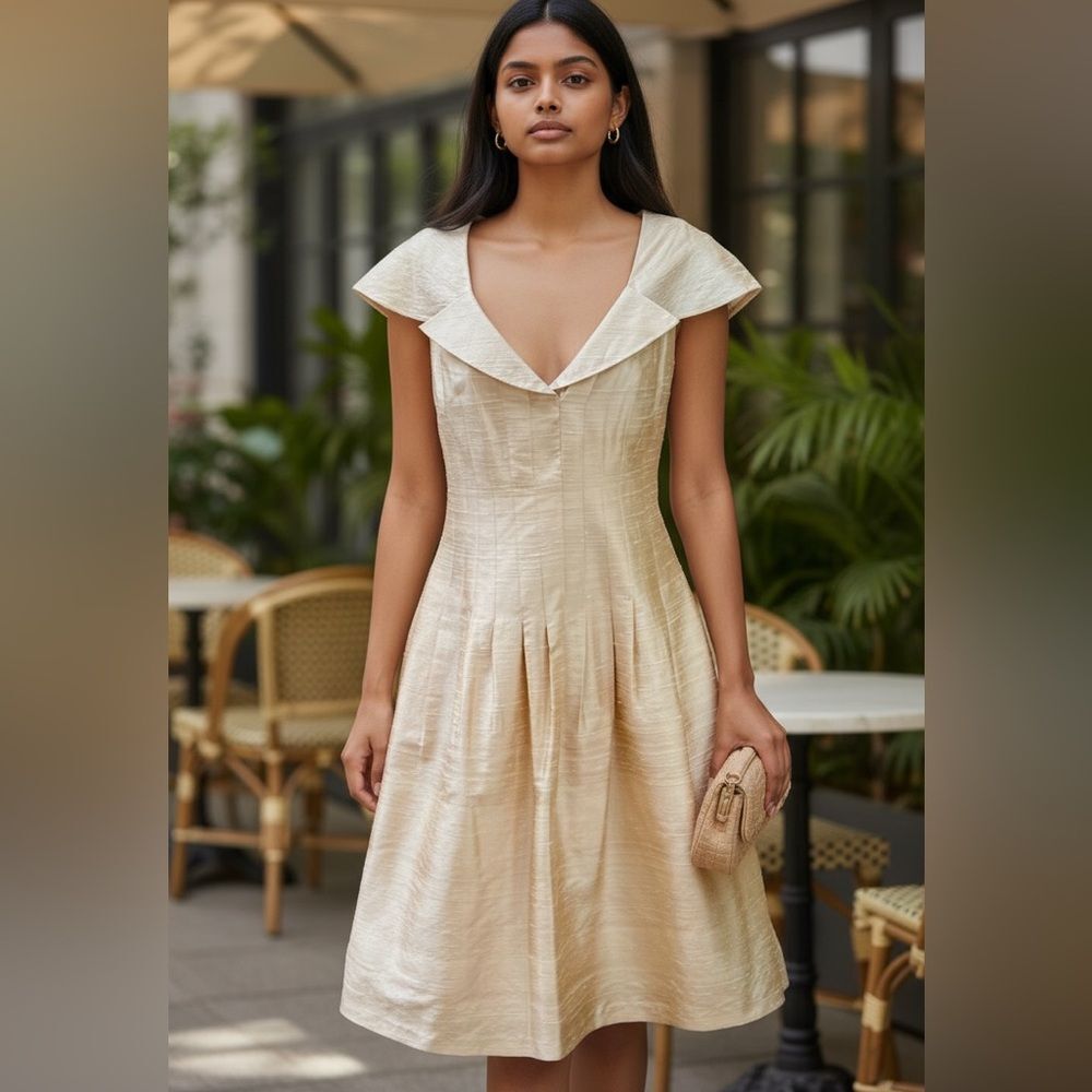 Kay Unger Silk Party Formal Fit & Flare Dress US 8 Champagne Gold Coquette